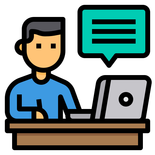 Illustration of a person at a desk using a laptop and pen, with a teal chat bubble above indicating conversation.