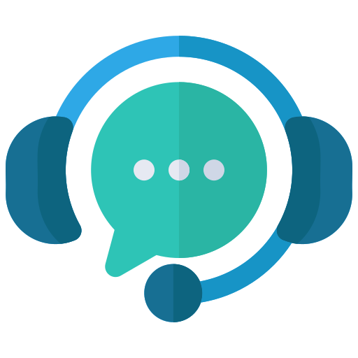 Blue headset with speech bubble indicating customer support or live chat help desk