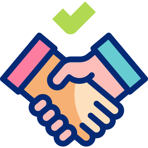 Two cartoon hands shake to symbolize agreement or partnership, with a green checkmark above.