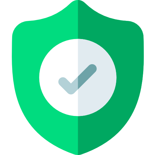 Green two-tone shield with a white circular emblem containing a blue checkmark, symbolizing verified security.
