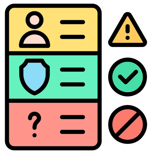 Three colored cards representing profile, security/shield, and unknown status with accompanying warning, check, and no-entry icons indicating verification states.